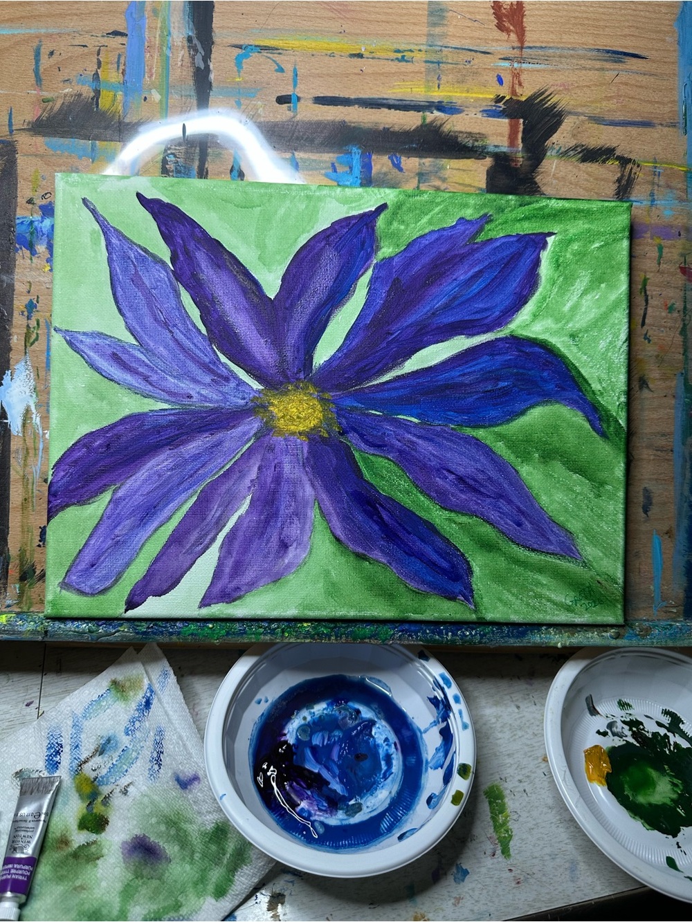 Purple Floral Canvas Painting with Green Background — Original Home Art